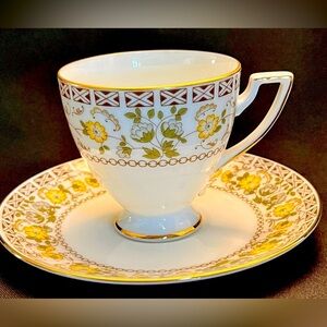 Royal Tettau Anno 1794 Kenilworth Cup Saucer 22Kt Golf Tea Party Yellow Floral